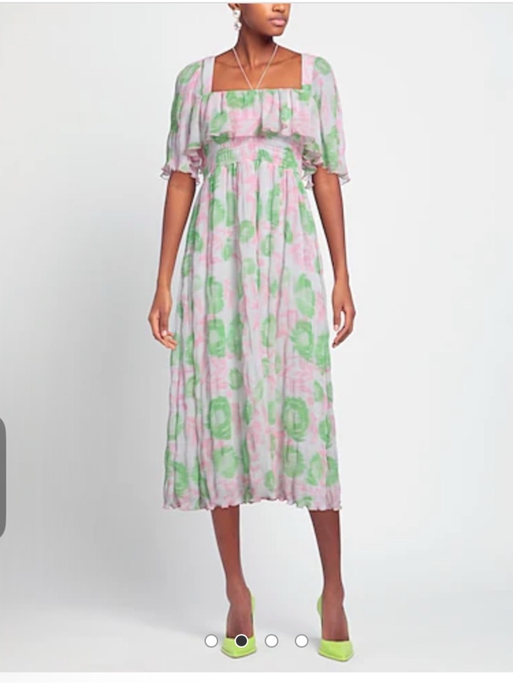 Ganni Gorgette midi Pink and Green Floral Square-Neck Midi Dress MSRP 375 NWT